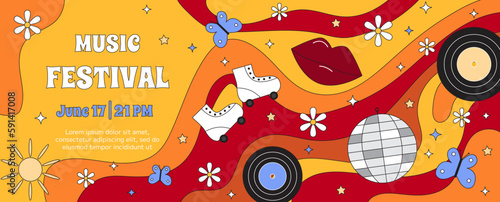 Vector groovy retro music festival invitation banner template. Disco ball, rolls, music records on psychedelic background. Trendy 70s surreal poster for event.
