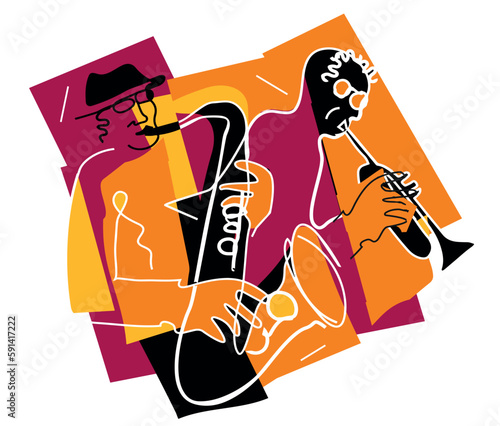 Two jazzmen, Jazz theme, trumpet player and saxophonist. 
Expressive Illustration of two jazz musicians, continuous line drawing design. Isolated on white background. Vector available.