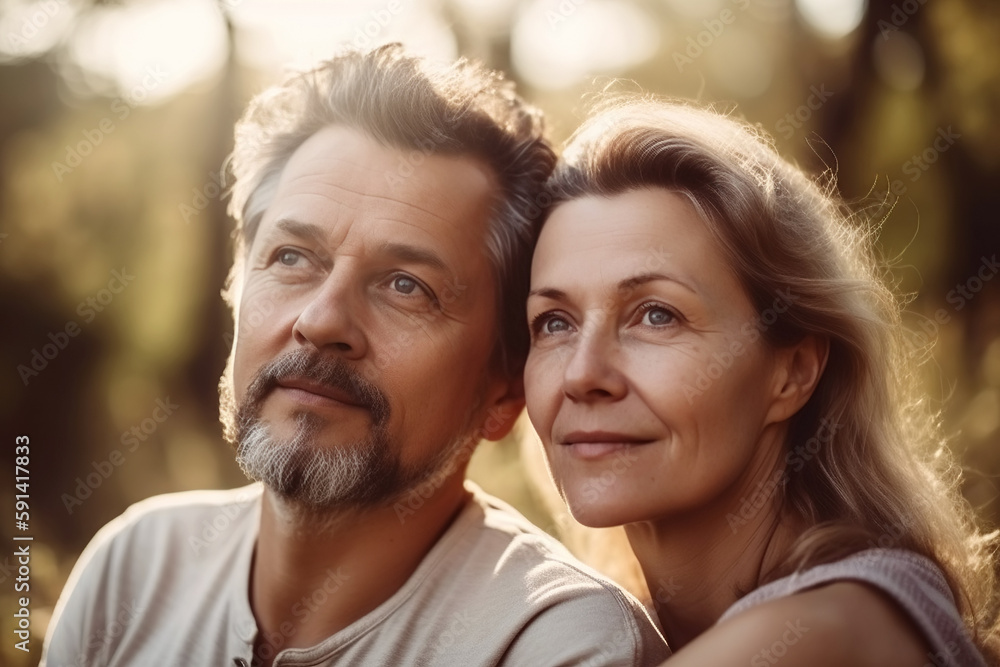 middle-aged couple in love cuddle in summer in nature in park. Generative AI middle-aged couple in love cuddle in summer in nature in park. Generative AI