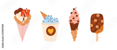 Desserts, sweet eating set. Yummy street food, confectionery snacks. Bubble waffle with filling, icecream balls in cup, ice-cream in cone. Flat vector illustrations isolated on white background