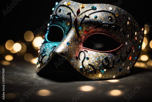 colorful masquerade mask with bokeh lights in the background. Generative AI