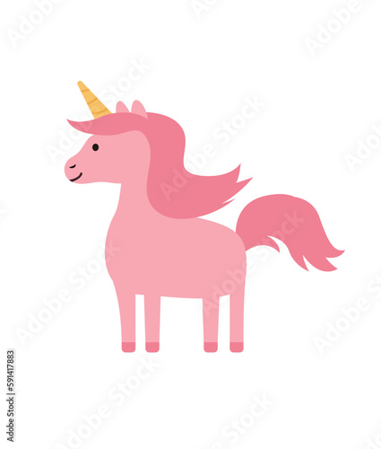 Concept Cartoon medieval fairy tale character unicorn. This illustration is a flat vector design featuring a character from a fairy tale  a pink unicorn  on a white background. Vector illustration.