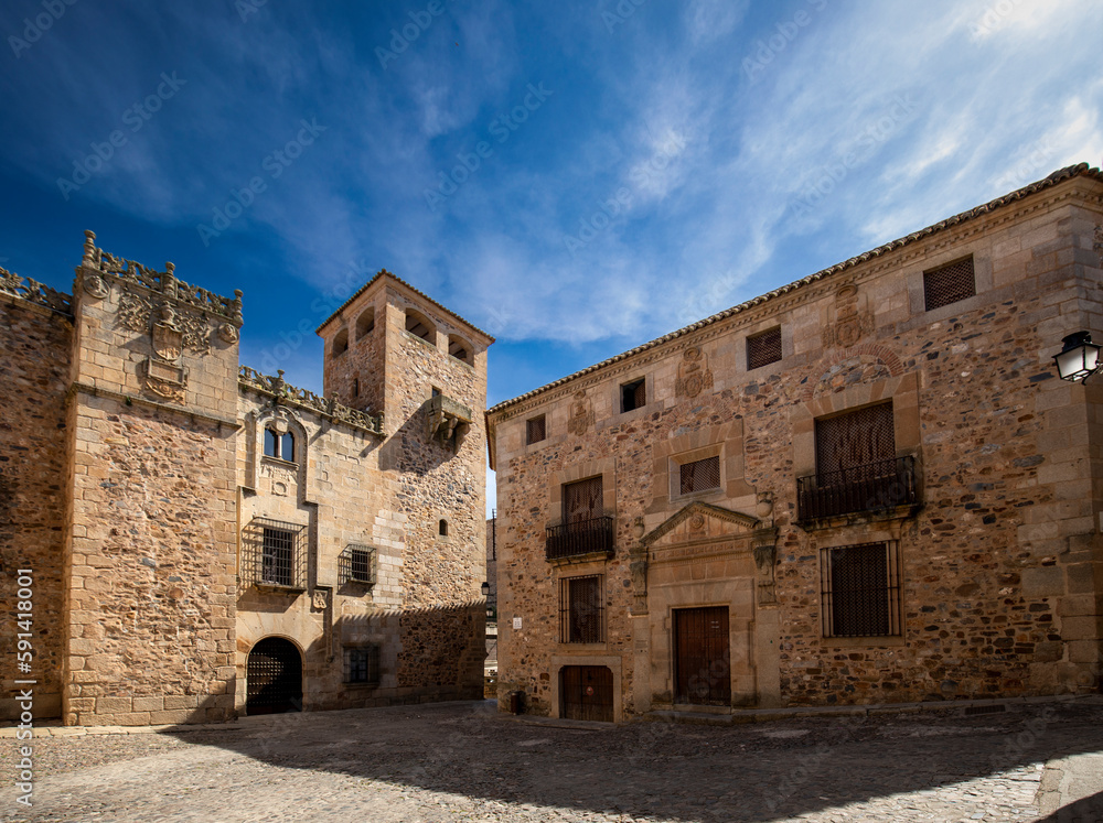 Plaza de los Golfines with several medieval stone palaces in the historic center declared a Unesco World Heritage Site in Cáceres, Spain