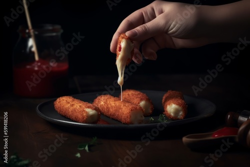 A close shot of a person holding a mozzarella cheese stick, melted cheese, mozzarella sticks dish, dipping sauce ai generative illustration