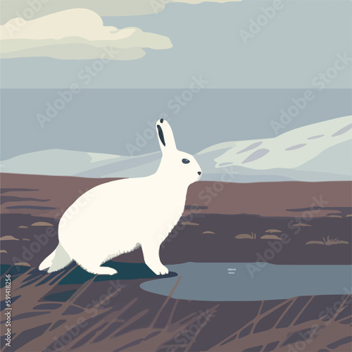 Arctic hare in snowy tundra. Arctic animals in natural habitat. Flat vector illustration concept. Generative AI