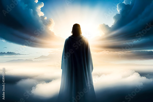 "Jesus Christ in Silhouette: A Powerful Image of the Divine" Jesus Christ dark sihlloate in cloud with back light , Generative AI