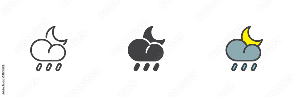 Cloud rain and moon different style icon set Cloud rain and moon different style icon set