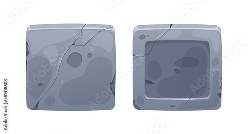 Stone square sliders for gui, game interface. Old metal elements, plates for web navigation, ui. Iron steel textured buttons, keys icons. Flat vector illustration isolated on white background