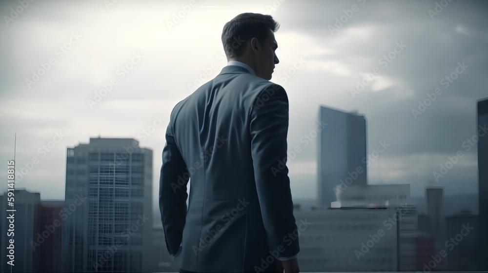Determined business person standing tall in a urban environment. The back view adds a sense of mystery, highlighting the determination, confidence and ambition in achieving success. Generative AI