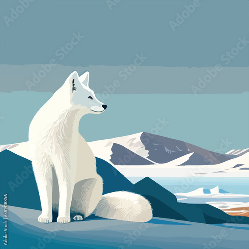 Arctic fox in snowy tundra. Arctic animals in natural habitat. Flat vector illustration concept. Generative AI