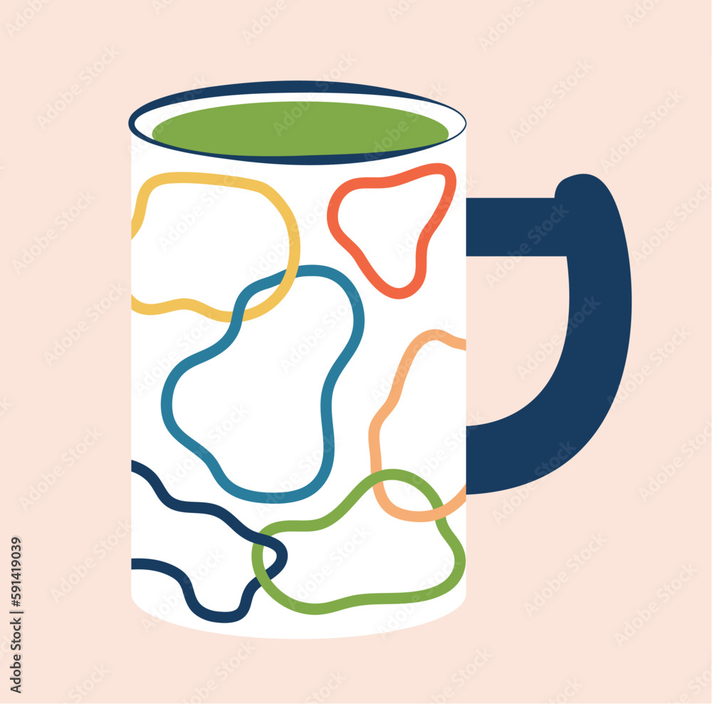 Concept Modern cup mug jar. This illustration showcases a flat vector design concept of a modern white cup with colorful lines. Vector illustration. Concept Modern cup mug jar. This illustration showcases a flat vector design concept of a modern white cup with colorful lines. Vector illustration.