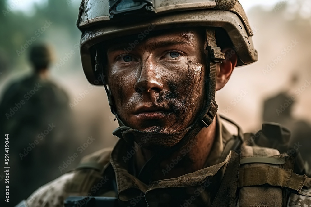 portrait of a soldier in helmet at war on battlefield. Generative AI portrait of a soldier in helmet at war on battlefield. Generative AI
