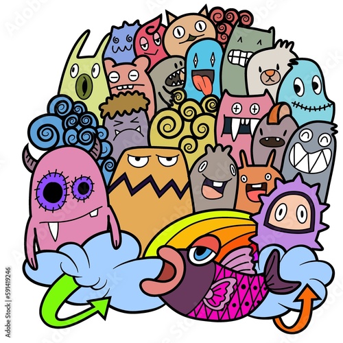 Hand-drawn illustrations, monsters doodle, Hand Drawn cartoon monster illustration,Cartoon crowd doodle hand-drawn Doodle style.