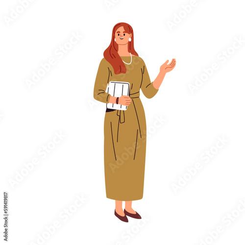 Modern businesswoman speaking. Young business speaker, woman entrepreneur in dress, speaking, presenting, gesturing. Female office worker. Flat vector illustration isolated on white background