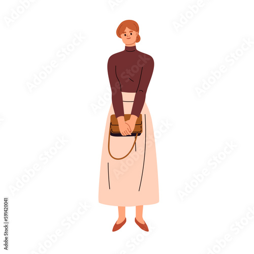Business woman in modern apparel. Young businesswoman, entrepreneur standing in skirt, holding purse in hand. Female office worker, employee. Flat vector illustration isolated on white background