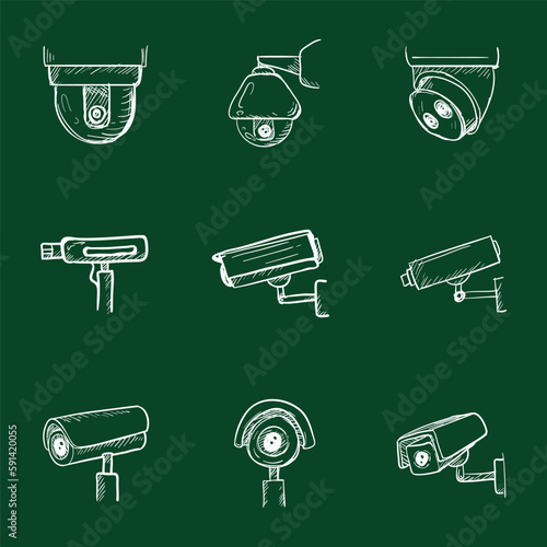 Set of CCTV Chalk Icons. Sketch Security Cameras. Video