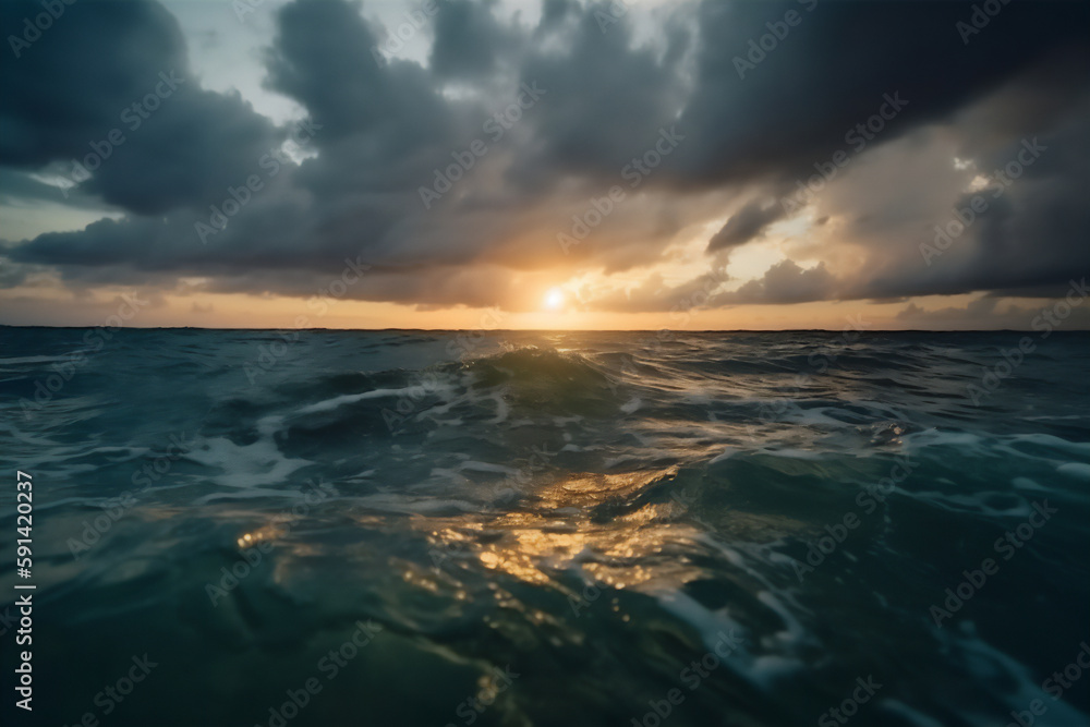 Underwater image of a beautiful storm over tropical sea at sunset. Nature landscape background. Generative AI