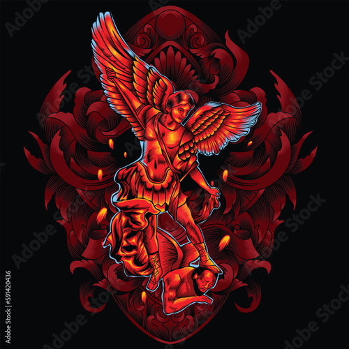 archangel illustration with baroque ornament background