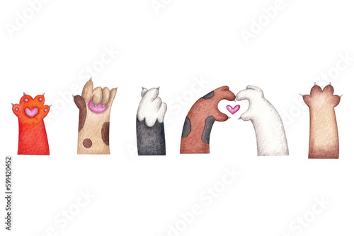 A set with cat paws and gestures. Watercolor illustration. Animals. Cute and handsome. Cartoon. Art. Design. Handmade work. Kittens. Collection. Funny. Love.
