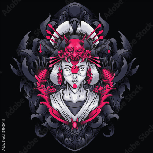 japanese geisha illustration with baroque ornament background