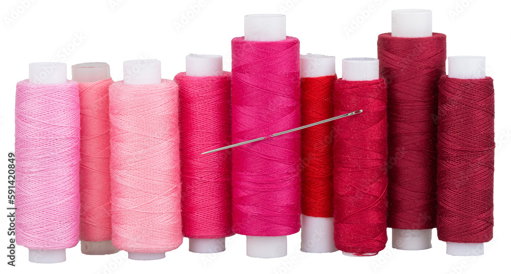 Spools with pink red purple thread and needle for sewing, supply for sewing, isolated objects
Spools with pink red purple thread and needle for sewing, supply for sewing, isolated objects