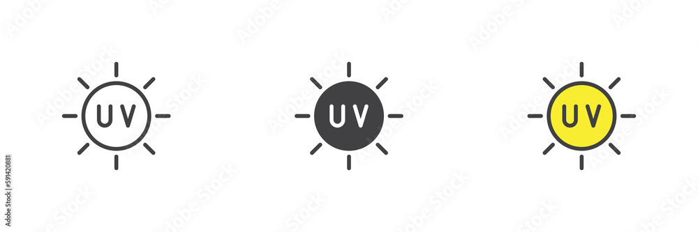 Sun ultraviolet rays different style icon set Sun ultraviolet rays different style icon set