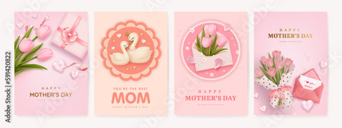 Mother's day vertical poster, banner or greeting card set with envelope, tulips and cartoon swan on pink background