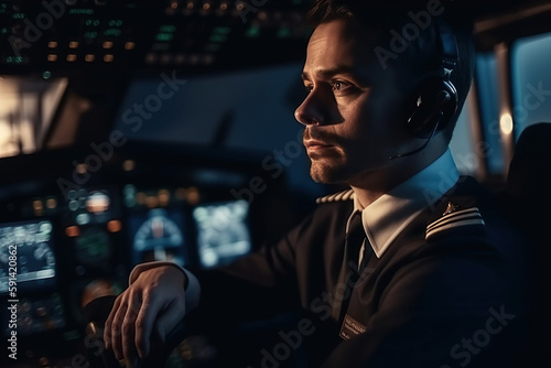 captain pilot inside cockpit of flying passenger plane. Generative AI