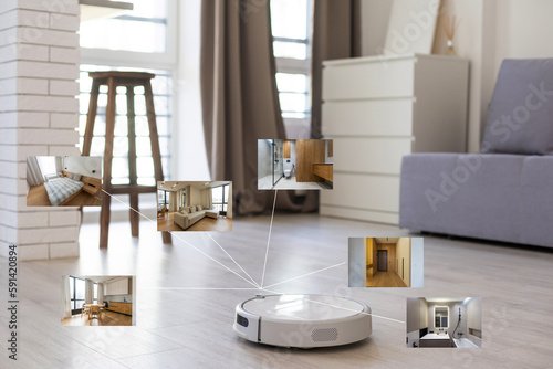 smart home application on robot vacuum cleaning floor in background in the modern living room. © Angelov