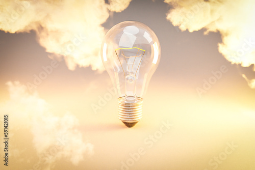 retro style lightbulb with glowing filament standing on infinite colorful background; creativity design concept; 3D Illustration