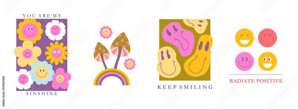 Set of 70s retro revival posters. Groovy flowers, psychedelic mushrooms, retro vintage lettering. Smiling faces, rainbow. Poster, flyer, card, banner design. Background
