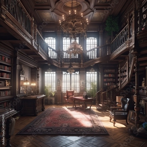 Ancient stately home interior with a beautiful library and club sofas, generative AI