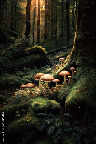 Magical mushrooms in the forest, generative ai
