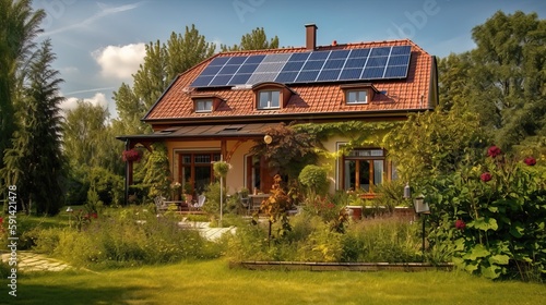 home with solar panels on t...