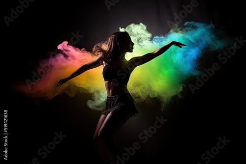 Chakra Dancing is beautiful healing workout for the mind, body and soul. Sacral chakra dance. Silhouette woman dancer dancing on the background of smoke in colors of the chakras. AI generative