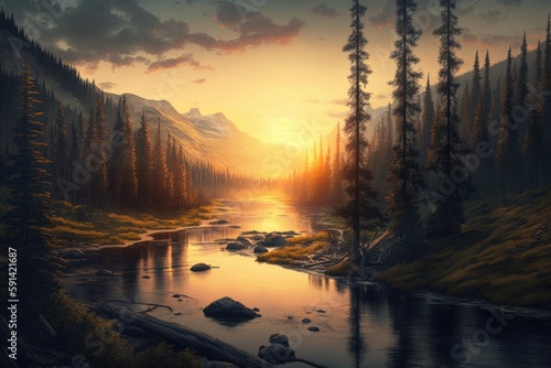 serene mountain lake at sunset. Generative AI