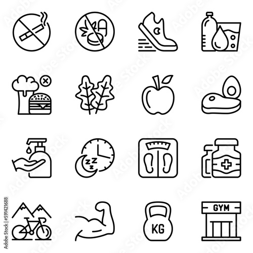 Set of healthy lifestyle line icons. muscle, overweight, gym, vitamin, running, healthy, lifestyle, supplement, healthcare, training, smoking, workout, drugs