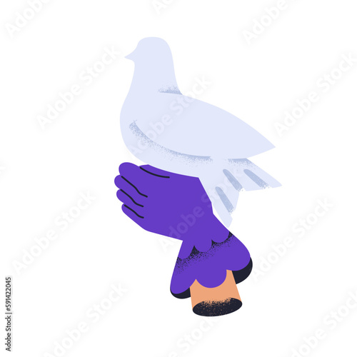 Dove in hands. Peaceful bird, holy pigeon with folded wings. Symbol of peace, hope, freedom, faith and belief. Humility and trust concept. Flat vector illustration isolated on white background