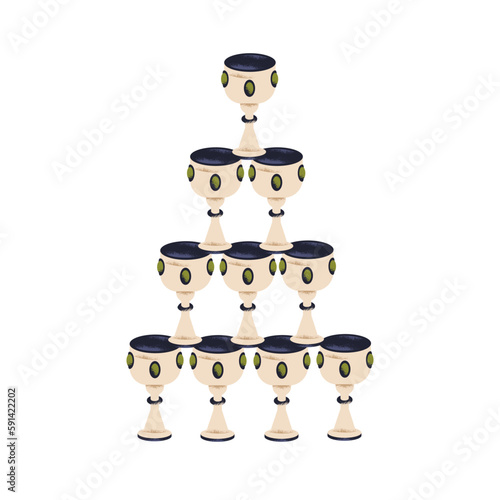 Old goblets, many medieval cups, wine chalices stacked in pyramid shape. Lots of ancient wineglasses with gems. Abundance and excess concept. Flat vector illustration isolated on white background