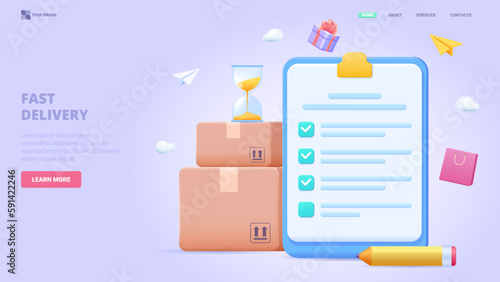 Safe delivery, fast shipping, courier service, delivery tracking app. 3d vector icon for web site, banner, landing page, print. Package and character three dimensional illustration.