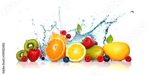 Colourful Fresh fruits splashing into blue clear water Generative AI Illustration