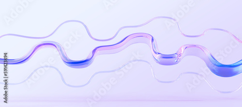 Holographic glass ribbons or wave lines on purple abstract background 3d render. Iridescent transparent curve geometric shapes with liquid gradient texture, dynamic pattern, wallpaper. 3D illustration
