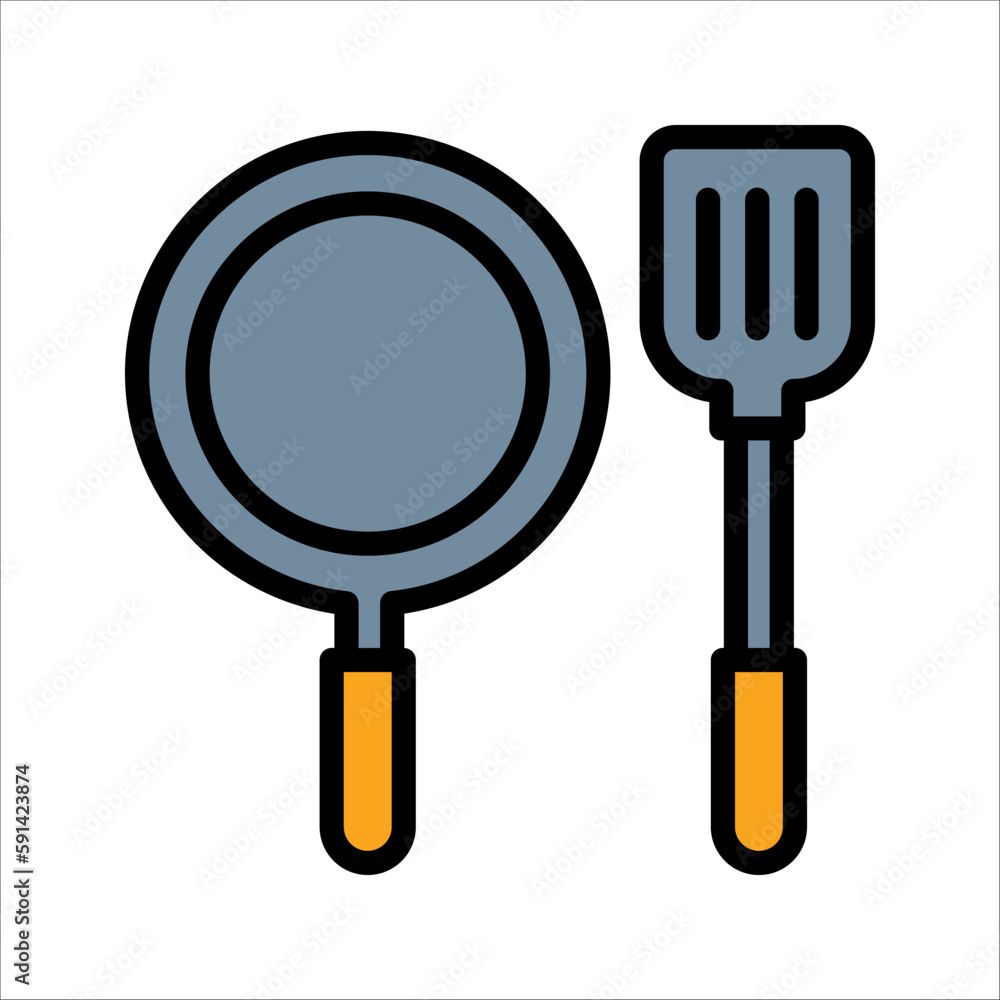 Frying pan with spatula line icon. Baking, food preparation, kitchen. Cooking concept, vector illustration on white background Frying pan with spatula line icon. Baking, food preparation, kitchen. Cooking concept, vector illustration on white background