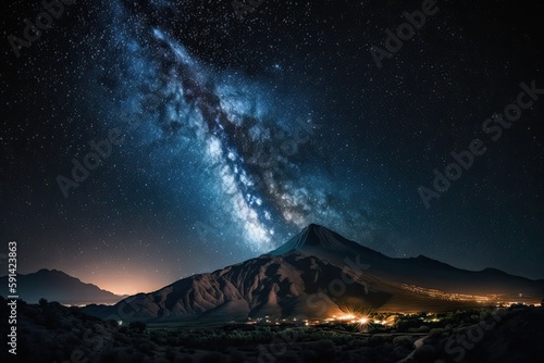 majestic mountain landscape with a starry night sky and the Milky Way galaxy in the background. Generative AI