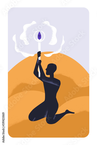 Mysterious person holding esoteric wand, torch light. Spiritual occult ritual...