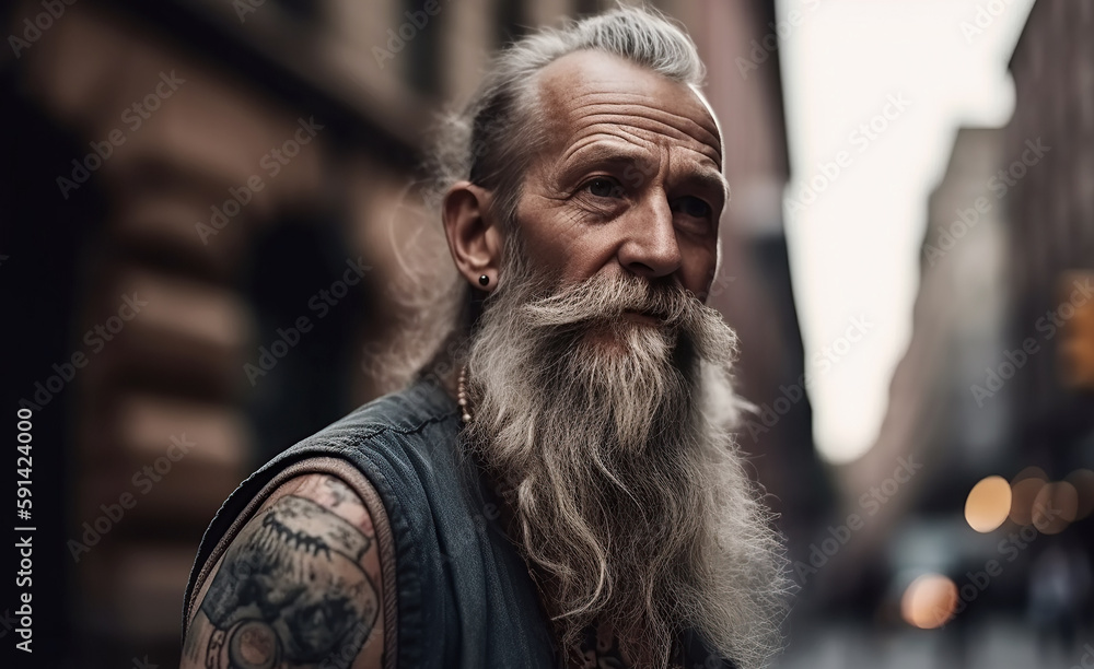 portrait of stylish elderly bearded retired man on street. Generative AI portrait of stylish elderly bearded retired man on street. Generative AI