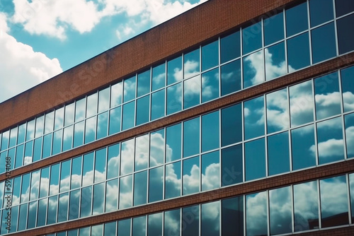 Fachada de edificio con cristalera reflejando el cielo nublado. Edificio estilo oficinas con grande ventanales y cielo nublado. Generative ai.