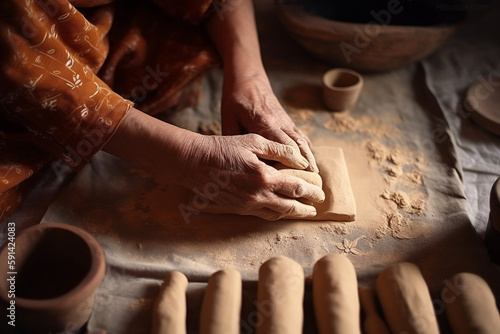 Manos de mujer haciendo masa madre para pastelería y pan. Manos trabajando harina para hacer pan. Generative ai. photo