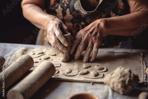 Manos de mujer haciendo masa madre para pastelería y pan. Manos trabajando harina para hacer pan. Generative ai. photo