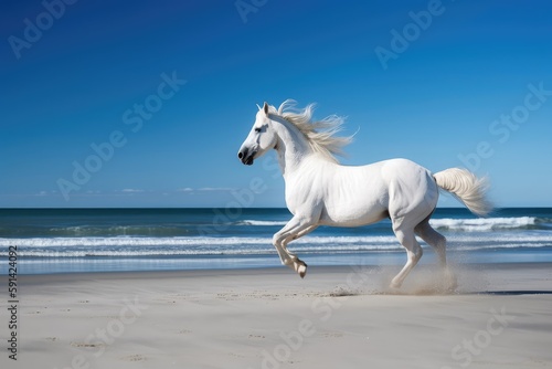 White horse running on a beach with the clear blue sky. Animal in motion. Generative ai.